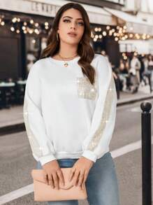 SHEIN LUNE 大碼亮片拼接插肩袖運動衫 - 白色 - 查看 5