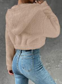 SHEIN EZwear Áo khoác nỉ crop top có mũ trùm đầu, kéo khóa vai thời trang thu/đông - Màu be - Xem 2