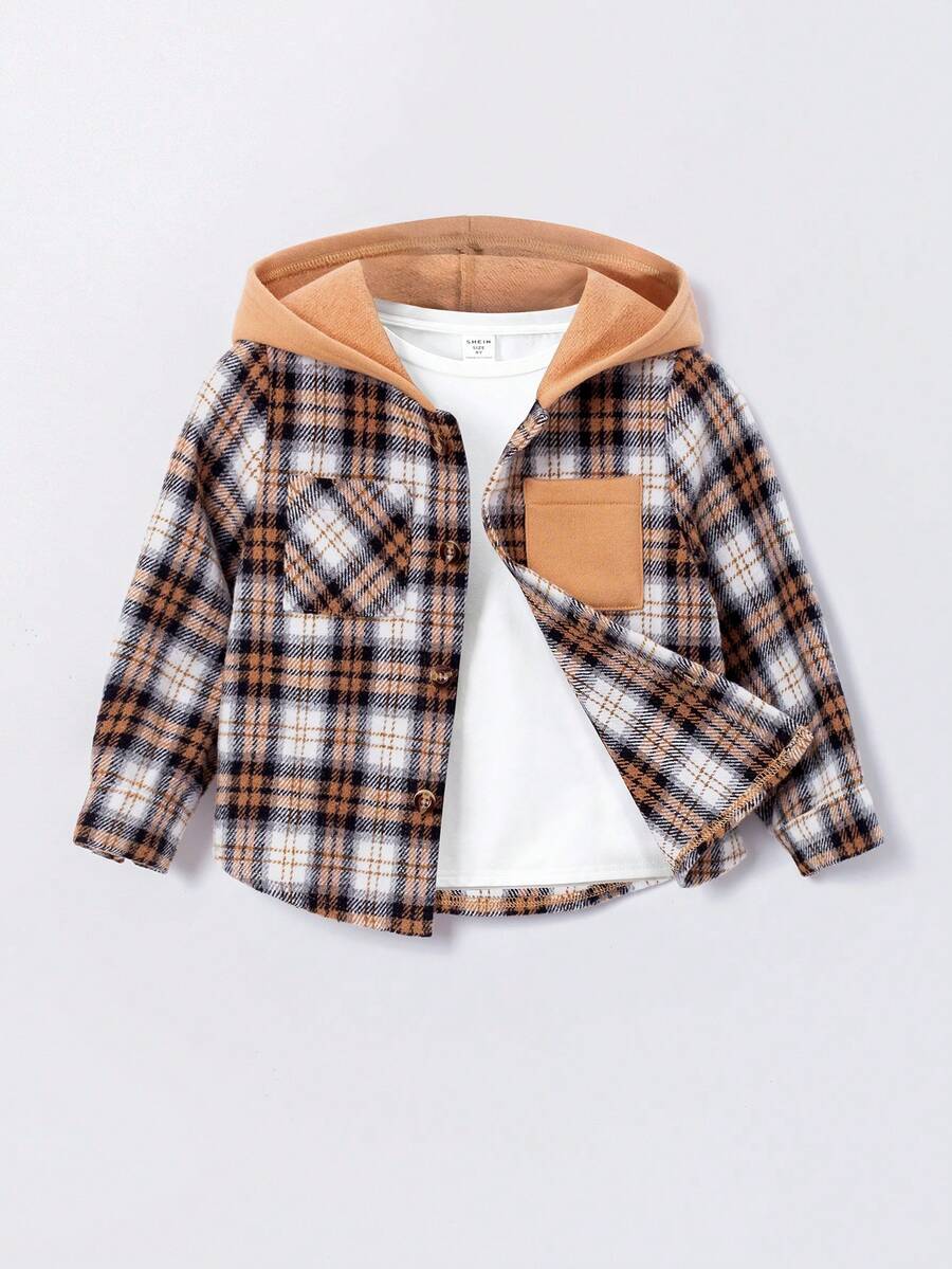 SHEIN 男嬰格紋印花連帽襯衫不帶T恤 - 彩色 - 查看 1