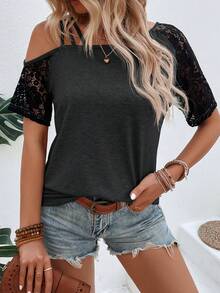 SHEIN Unity Ren tương phản Tay Raglan Áo thun - Màu xám đen - Xem 6