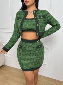 SHEIN Unity Crop Knit Top & Button Front Cardigan & Knit Skirt - Green - View 3