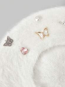 ROMWE Kawaii 1pc Women Rhinestone Flower & Butterfly Decor Beret - White - View 7