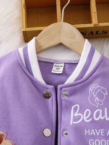 SHEIN 女小童標語和人物圖案條紋飾邊落肩袖學院風夾克 - 紫色 - 查看 5