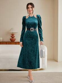 Modelyn 斑馬紋羊腿袖絨布洋裝不附腰帶 - 水鴨藍 - 查看 6