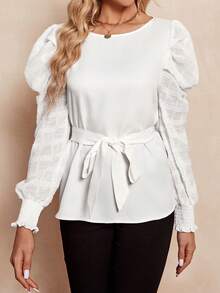 SHEIN Clasi 素色羊腿袖腰帶襯衫 - 白色 - 查看 4