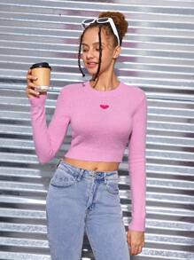 SHEIN 青少年女孩愛心圖案短款毛衣 - 粉色 - 查看 1