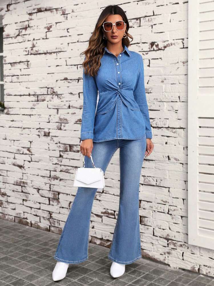 Twist Front Button Front Denim Shirt