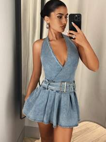 SHEIN ICON Halter Neck Backless Denim Dress - Light Wash - View 3