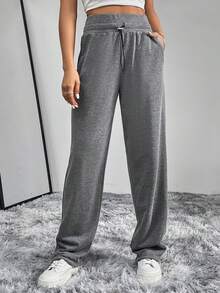 SHEIN Essnce 女士單色束口腰運動褲 - 灰色 - 查看 5