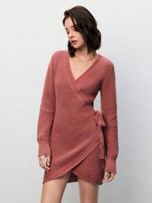 SHEIN Frenchy Solid Wrap Knot Side Sweater Dress Winter Pink Casual - Dusty Pink - View 1