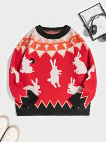 Flirla 大碼兔子&幾何圖案落肩袖套頭毛衣 - 紅色 - 查看 1