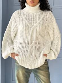 SHEIN EZwear 高領麻花編織落肩袖套頭毛衣 - 米色 - 查看 1
