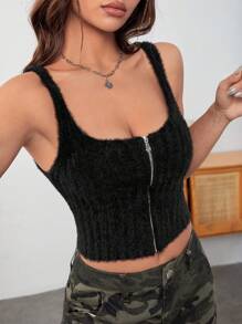 SHEIN EZwear 拉鏈開襟短款絨毛針織上衣 - 黑色 - 查看 1