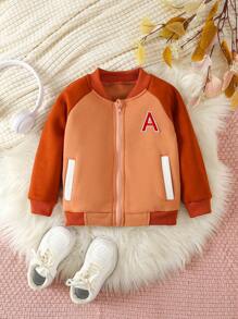 SHEIN Young Girl Letter Patched Raglan Sleeve Two Tone Bomber Jacket - Khaki - View 1