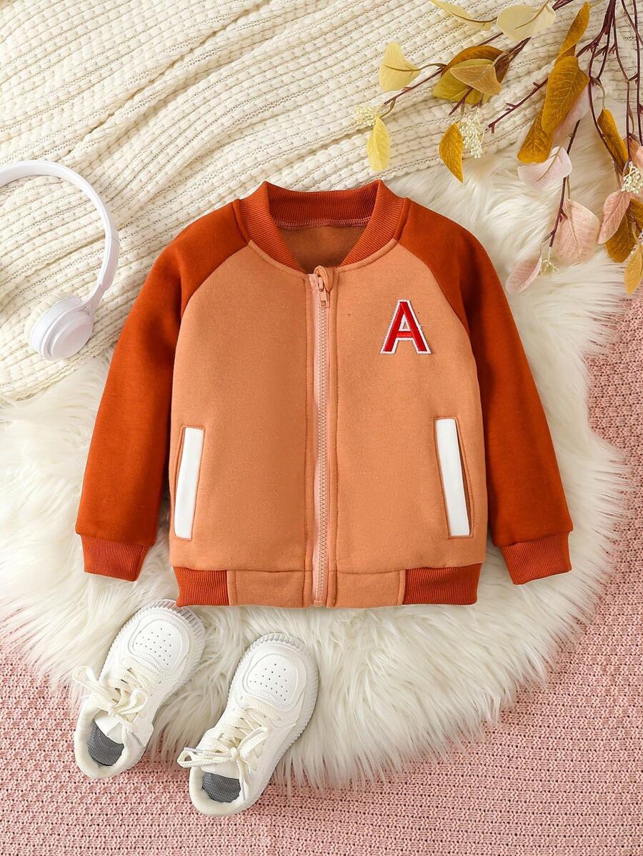 SHEIN Young Girl Letter Patched Raglan Sleeve Two Tone Bomber Jacket - Khaki - View 1