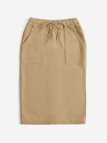 SHEIN EZwear Drawstring Waist Slant Pocket Skirt - Camel - View 4