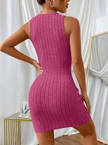 SHEIN Essnce Rochie bodycon din tricot cu nervuri uni - Roz fierbinte - Vizualizare 2