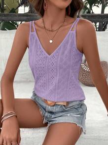 SHEIN LUNE 素色網眼刺繡吊帶上衣 - 紫色 - 查看 1