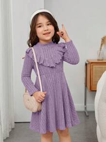 SHEIN Leap Crew Chica Joven Vestido ribete con fruncido de cuello alto - Morado - Ver 1