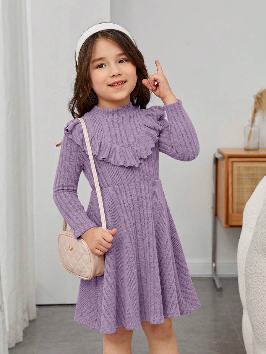 SHEIN Leap Crew Chica Joven Vestido ribete con fruncido de cuello alto - Morado - Ver 1