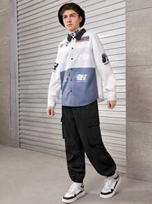 SHEIN 青少年男孩側翻蓋口袋工裝褲 - 黑色 - 查看 4