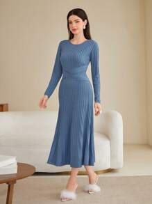 Modelyn Solid Ribbed Knit Sweater Dress - Blue - View 5