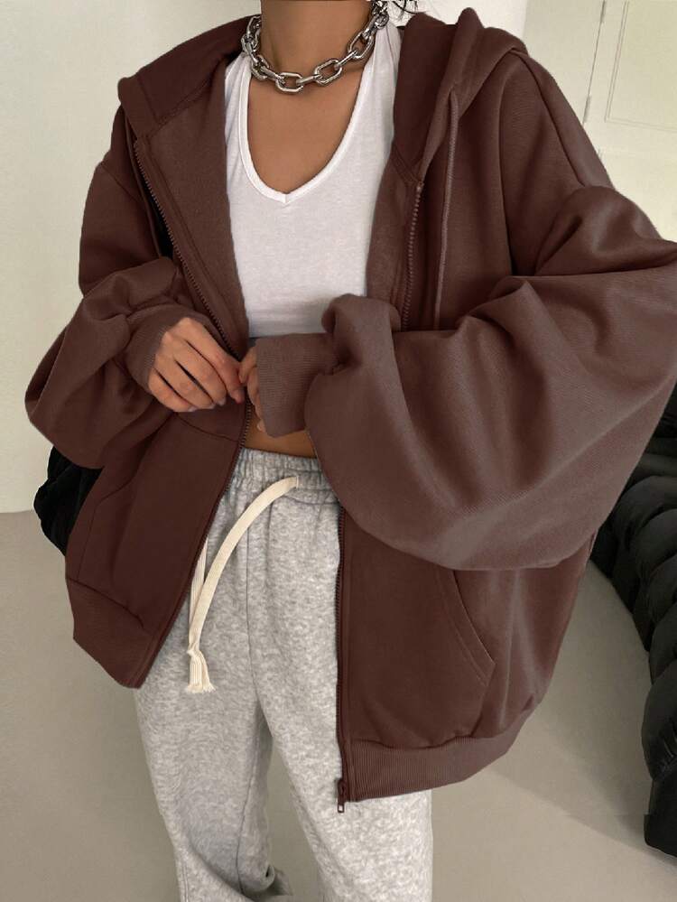 Solid Drop Shoulder Zip Up Drawstring Hoodie,Fall Women Clothes Sweatshirt Jacket