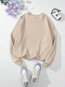 SHEIN EZwear Hơn Đồ họa Khẩu hiệu Lót nhiệt Áo nỉ - Màu be - Xem 2