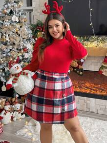 SHEIN Essnce Plus Mock Neck Gigot Sleeve Tee & Plaid Print Skirt - Red - View 4