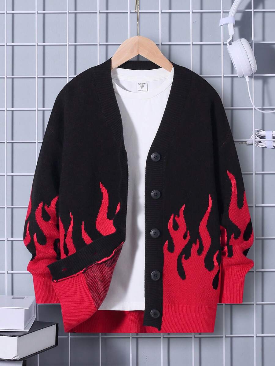 SHEIN Framsida Knappar Eld Enkel Tween Boys Cardigans - Svart - Visa 1