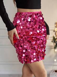 SHEIN BAE Sequin Bodycon Skirt - Hot Pink - View 6