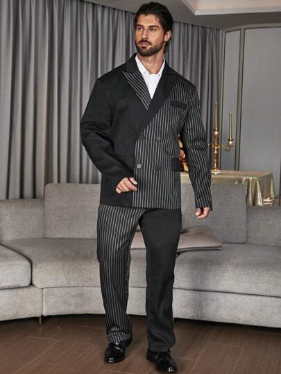 Manfinity AFTRDRK Men Plus Striped Print Double Breasted Blazer & Suit Pants