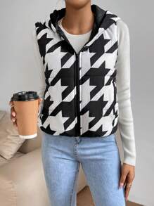 Chiquease Houndstooth Print Hooded Vest Padded Padded Coat Clothes Winter - Black and White - View 3