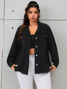 SHEIN EZwear 大碼翻蓋口袋毛邊牛仔夾克 - 黑色 - 查看 3