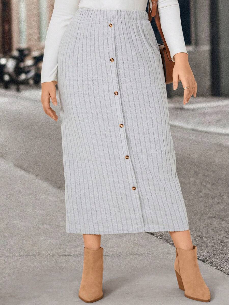 SHEIN LUNE Hơn Nút phía trước Đồ đan Ribbed Váy - Xám - Xem 1