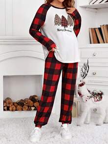 SHEIN Maternity Christmas Tree & Slogan Graphic Raglan Sleeve Tee & Pants - Red - View 3
