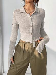 SHEIN EZwear Cut Out Button Front Crop Tee - Khaki - View 3