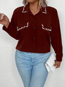 SHEIN Clasi Plus Pearls Detail Drop Shoulder Shirt - Burgundy - View 1