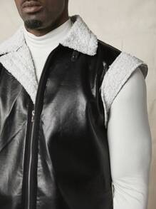 Manfinity VCAY Loose Fit Men's Contrast Trim Teddy Lined Faux Leather Vest Coat, For Fall Winter - Multicolor - View 4