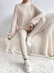 SHEIN Frenchy Mock Neck Drop Shoulder Tee & Leggings - Apricot - View 1