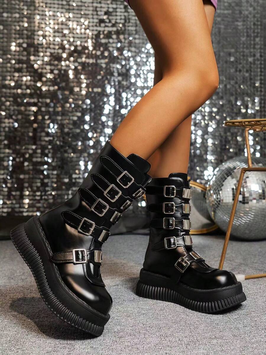 女士時尚哥特風格粗跟圓頭靴,拉鍊閉合,腰帶扣裝飾,黑色純色,適合戶外活動 - 黑色 - 查看 1