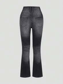 青少年女孩斜口袋牛仔喇叭褲 - 黑色 - 查看 2