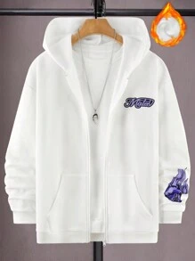 Manfinity EMRG 寬鬆版型男士字母和卡通圖形帶加厚保暖襯裡的拉鍊前帽裝運動衫 - 白色 - 查看 3