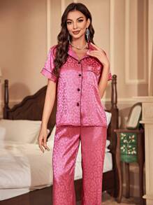 豹纹提花对比滚边缎面睡衣套装/睡衣套装 - 玫紅色 - 查看 6