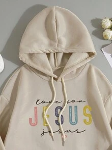 SHEIN Essnce Letter Graphic Kangaroo Pocket Drawstring Thermal Lined Hoodie - Apricot - View 4