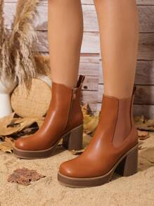 防水台高跟彈性踝靴 - 駝色 - 查看 1
