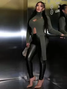 SHEIN SXY Cut Out Asymmetrical Hem Mock Neck Sweater - Army Green - View 5