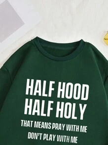 SHEIN EZwear Plus Slogan Graphic Thermal Lined Sweatshirt - Dark Green - View 3