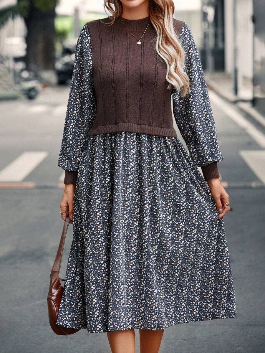 EMERY ROSE 碎花假兩件洋裝 - 卡其色 - 查看 1