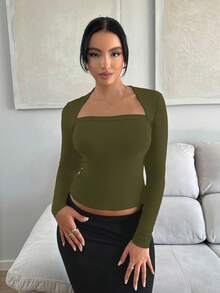 SHEIN SXY 皇后領短款T恤 - 軍綠色 - 查看 3